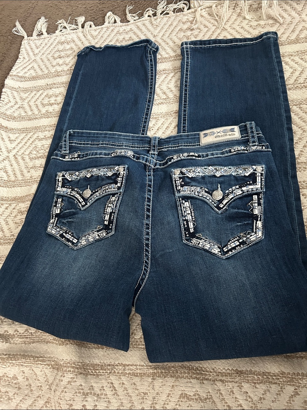 Grace in LA Dark Blue Boot Cut Jeans with Beaded Embellished Pockets